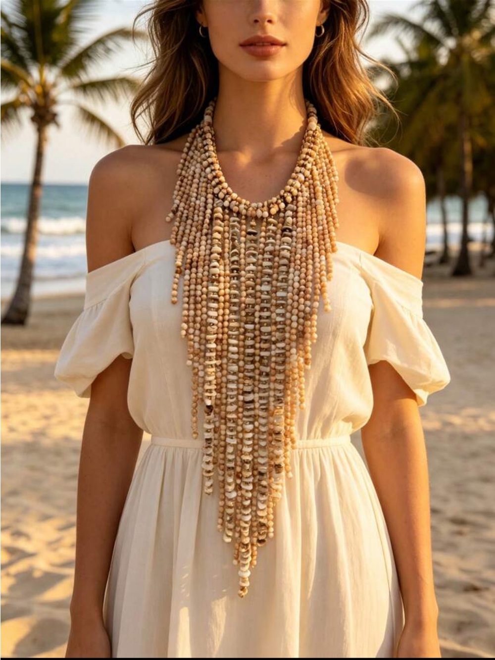Handmade Luxury Vintage Style Beaded Waterfall Tassel Necklace in Natural Beige